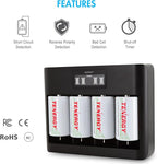 Tenergy 4 Pack Centura Lite D Size Batteries and TN486U 5-Bay Universal Battery Charger with LCD, Micro USB/Type C Input