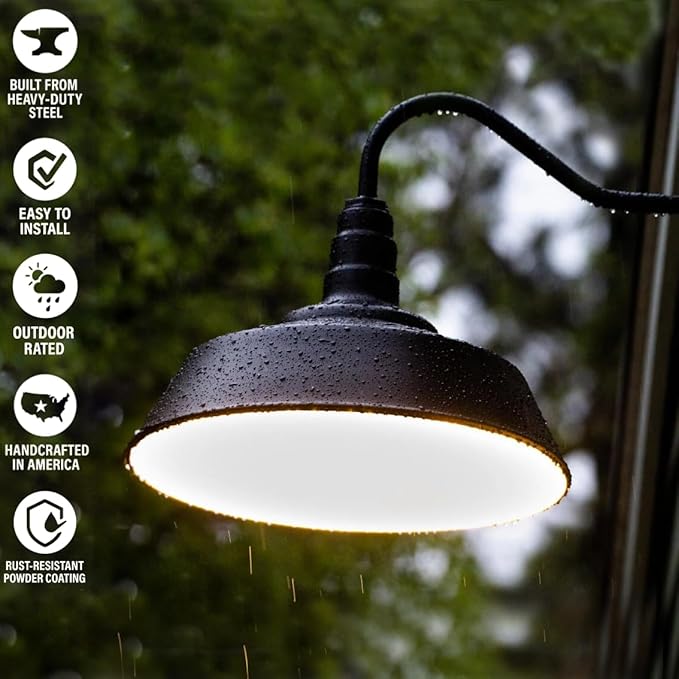 Steel Lighting Co. Large Outdoor Barn Light | Gooseneck Light Fixture | Made in America from 18-Gauge Steel | 20" Dome | 16" Gooseneck Red Exterior/White Interior
