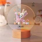 idooodle Personalized Pink Bunny Easter Egg 3D Initial LED Night Light with Name & Wooden, Base Room Decor, Birthday Party Easter Gift for Kids