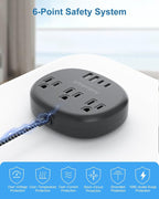 Short Extension Cord Black - Extension Cord 5 Feet, 1625W Power Strip 3 Prong with 3 AC Outlet 4 USB (24W/4.8A), Bedside Charging Station for Home, Office and Dorm