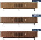 POVISON Sliding Tambour Door TV Stand, Mid Century Modern Sintered Stone TV Console, Wood Media Console for 85 Inch TV, Entertainment Center with Storage Cabinet, Fully-Assembled (Walnut, 94.49")