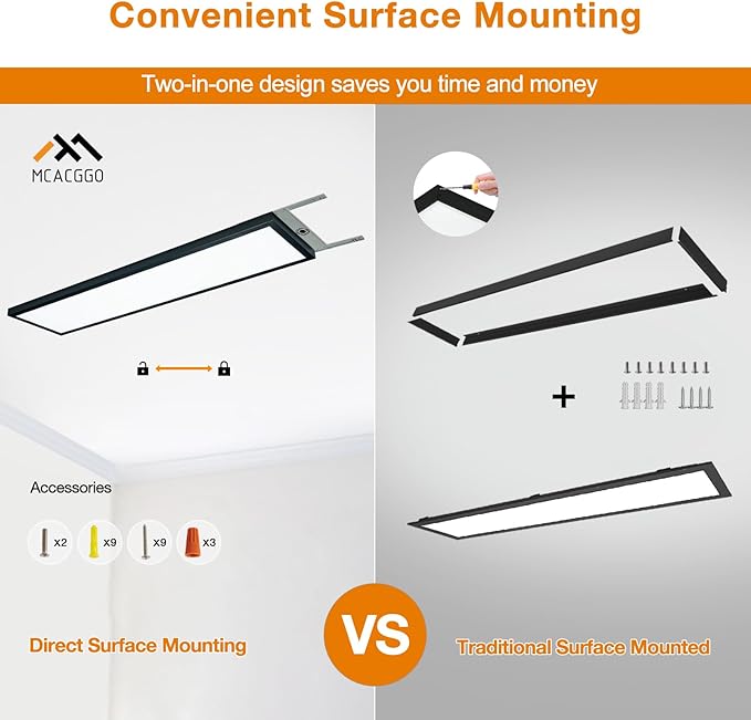 Mcacggo Black 1x4 LED Flat Panel Light Flush Mount 4-Pack, 3000K/4000K/5000K Selectable, Ultra-Thin Surface Mount LED Ceiling Light for Kitchen, Triac Dimmable, Bright 4400LM, 100-277V