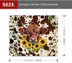 Western Highland Cow Sunflowers and Cowhide Brown Square Mouse pad, Texture, Waterproof, Anti Slip Rubber Base, Computer Mouse pad