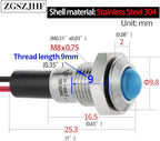 ZGSZJHF UL Listed Mini Indicator Light 8mm 0.31" Waterproof IP67 110V-120V Domed Sphere High Head Metal 304-Stainless Steel LED Lamp Pilot Light with 140mm Wire