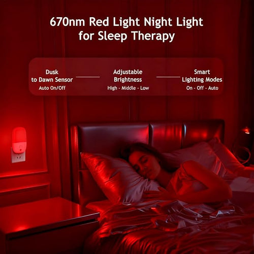 670nm Red Light Night Light for Sleep Therapy, 2 Pack Auto On/Off Dimmable Night Light with Dusk to Dawn Sensor, LED Night Lights Plug into Wall Promote Melatonin Natural Sleep for Baby Kid Adult Room