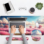 Britimes Dreamy Clouds Pink Plants Keyboard Mouse Pad Set 4in1 Large Mousepad+Keyboard Wrist Rest+Mouse Wrist Rest+Coaster Set with Ergonomic Design for Home Office Computer 35.4x15.7 inches