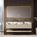 Fashionable Bathroom Vanity with Sink, Smart One-Click Defogging & LED Light, Bathroom Sink and Cabinet with Wave Striped Panel, Rockslab Countertop (Mirror, 84IN)