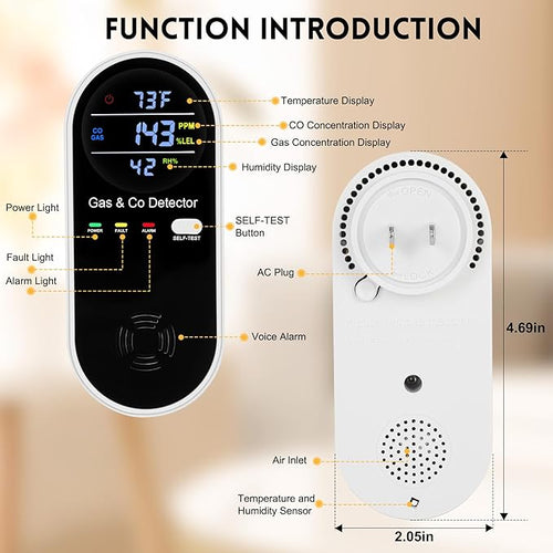 4 Packs Carbon Monoxide Detectors Plug in, 4-in-1 Natural Gas Leak Detector & Carbon Monoxide Detectors with Temperature & Humidity, Natural Gas Detectors for Home/Apartment/RV