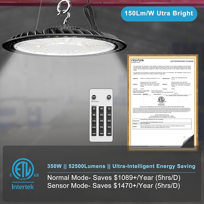 Lightdot 350W LED High Bay Light 52500lm High Bay LED Shop Lights with Smart Control (Supports Normal Mode & Motion Mode) ETL-Listed Plug and Play for 20-40FT Height Warehouse-6Yrs Warranty-4Pack