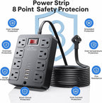 13 in 1 Surge Protector Power Strip Flat Plug 8 Widely AC Outlet 3 USB Ports,1250W/10A，5 ft Extension Cord with Multiple Outlets, Desk Extender for Dorm, Home,Travel， Office Essentials,ETL Listed