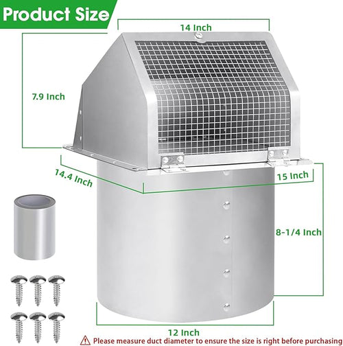 12 Inch Hooded Wall Vent with Screen and Damper,Outdoor Wall Exhaust Vent Cover Cap for Exterior HVAC Duct Industrial Facilities Kitchen Range Hood Dryer Ventilation and Air Exhaust,Stainless Steel