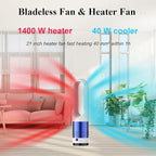 Bladeless Heater and Fan Combo, 1400 Watt Heater Fan and 40 Watt Cold Fan, 80° Oscillating Fan, All the Season Use, Remote and Touch Control, Floor Tower fan, Office Room, Bedroom, Blue White