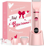 Crolanli Bikini Trimmer for Women, 3-in-1 Electric Razors for Women, IPX7 Waterproof Rechargeable Cordless Pubic Hair Shaver, with LED Display, for Ladies Bikini Pubic, Face, Underarms, Legs(Pink)