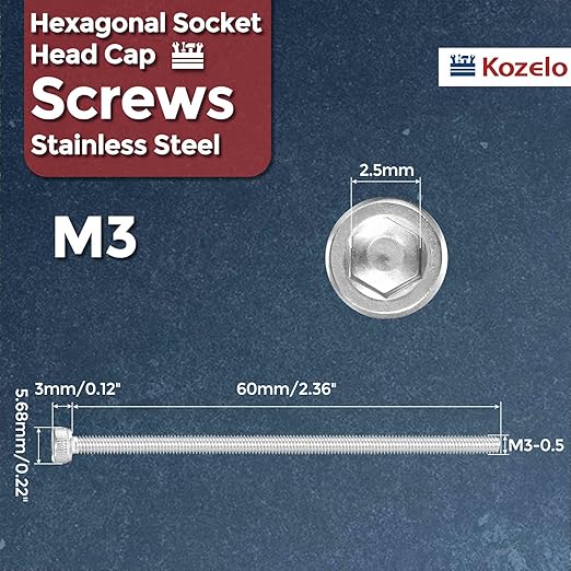 Kozelo 20pcs Socket Head Cap Screws - [M3-0.5 x 60mm] 304 Stainless Steel Allen Socket Drive for Electrical Motor 3D Printing Fan Engine Replacement Use, Silver