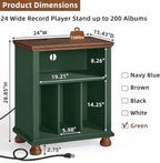 Joaxswe Record Player Stand with Charging Station Up to 200 Albums, 24" Wide Mid-Century Record Player Table with Vinyl Record Storage,Large Wood Turntable Stand Dispaly Cabinet for Living Room,Green