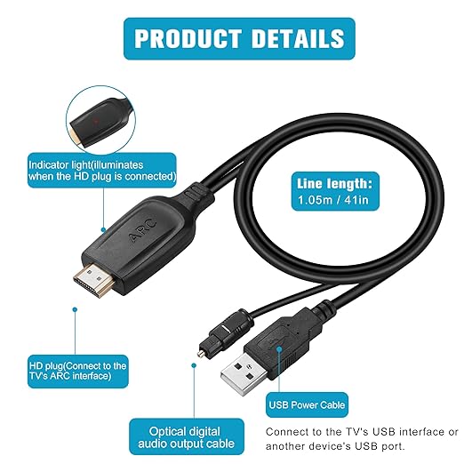 192KHz HDMI ARC to Optical Audio Converter for TV to Soundbar, Plug & Play 3.4ft/1.05m ARC to Optical Cable Audio Extractor Adapter Splitter for Sound System Speaker Home Theater Support Dolby/DTS 5.1