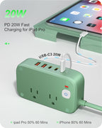 KWRNVO 5FT USB Charging Station with Outlets, Flat USB C Travel Power Strip PD 20W Charger with 2500W AC Outlets, 3 USB-C Ports, 2 USB-A Ports Extension Cord for Home/Office/Travel