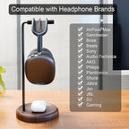 GEVO Headphone Stand for Desk - Walnut Wood & Aluminum Headset Stand, Universal Wooden Gaming Headphone Holder for AirPod Max, Bose, Sony, Razer, Jabra, JBL (Walnut Circular Base)