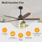 WINGBO 54" Ceiling Fan with Light - 5 Carved Solid Wood Blades, 6-Speed Reversible DC Motor, Dimmable, 3CCT, Noiseless Remote Control Ceiling Fans with Lights for Bedroom Living Room, Black and Wood