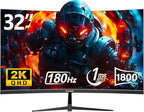 Gawfolk 32 Inch Curved Gaming Monitor, 180Hz QHD (2560x1440) 2K Computer Monitor with FreeSync, DisplayPort, HDMI, Wall Mountable, Eye Care for Home Office & Gaming