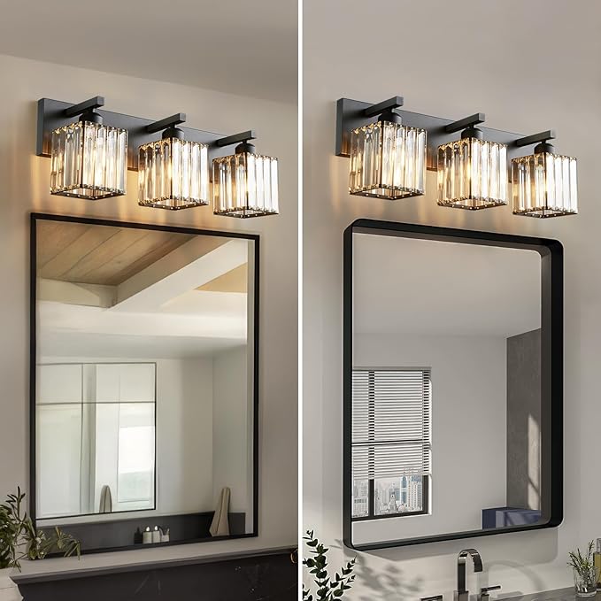FDPBY Modern Bathroom Vanity Light 3-Lights Modern Black Crystal Wall Light Bathroom Vanity Light Fixtures