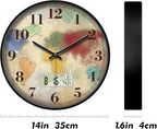 Modern Round Retro Digital and Analog Wall Clock Silent Calendar Colorful World Map Vintage Clocks with Date and Temperature Week Quiet Non-ticking Kid Room Office Kitchen Decor for Bedroom 14 Inch