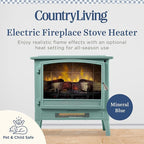 Country Living Infrared Freestanding Electric Fireplace Stove Heater in Mineral Blue | Multiple Flame Colors, Metal Design with Faux Wooden Logs | Alexa/WiFi Enabled, Remote Control