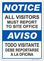 Brimar - 10" x 14" - Bilingual All Visitors Report Site Office Sign - .055″ Polyethylene Plastic - Bold Text And Symbol - Easy Installation