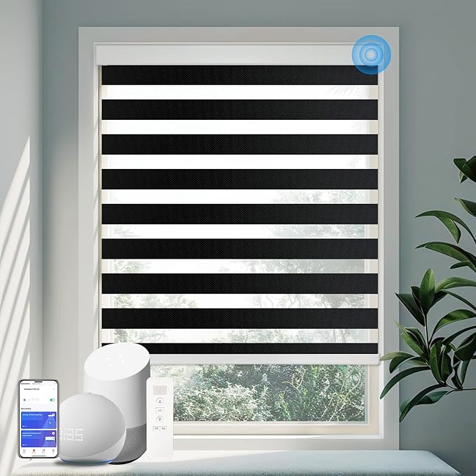 COOLWINDS Motorized Zebra Blinds for Windows Cordless Electric Curtains with Remote Control Blackout Shades Custom Smart Blinds Compatible with Alexa Google Home(Light Filtering Black,W55 X 72in)