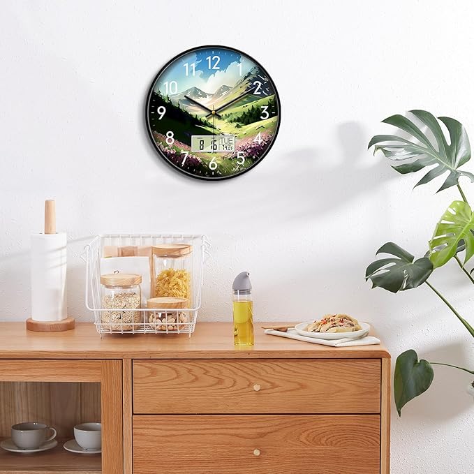SCOAGE Digital Large Display Silent Wall Clock with Temperature Date Mountain Flowers Modern Non-ticking Battery Operated Mount Clocks Bathroom Kitchen Clock Farmhouse Living Room Office Decor 12 Inch