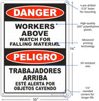 Brimar - 10" x 14" - Bilingual Workers Above Watch For Falling Material Sign - .055″ Polyethylene Plastic - Bold Text And Symbol - Easy Installation