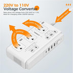 TESSAN 220V to 110V Voltage Converter for Travel with 4 USB Ports (1 USB C), 3 AC Outlet and EU UK AU IT in ZA International Power Adapter, Step Down Transformer Outlet Converters White