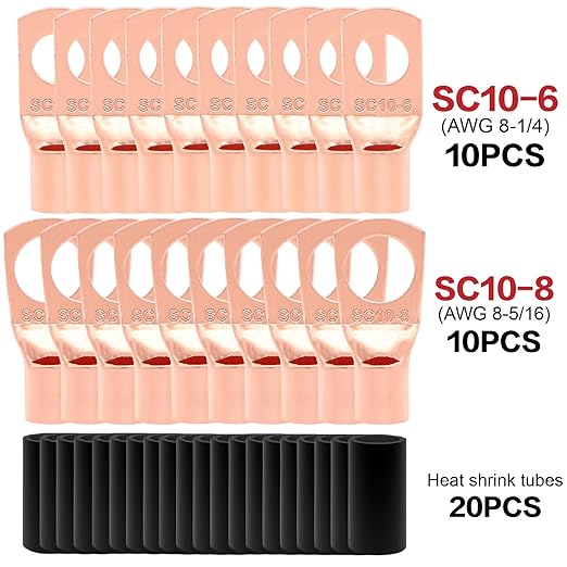 8 Gauge Wire (50ft Each - Red/Black) Copper Clad Aluminum CCA - Primary Automotive Wire,Car Amplifier Power & Ground Cable, 20PCS Lugs Terminal Connectors,20PCS 2:1 Heat Shrink Tubing