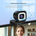 4K Webcam with 5-Level LED Light, 12MP Camera, USB Webcam with Dual Noise-canceling Microphones, PDAF Fast Auto Focus, Remote Control, 360° Rotation, Perfect for Live streaming, Online Meeting