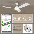 SMAAIR 52 Inch Smart Wifi Ceiling Fans with Dimmable LED Lights and Remote, Compatible with Alexa/Google Home/Siri/APP, Outdoor DC Fans with 10 Speeds, Timer/Schedule,White