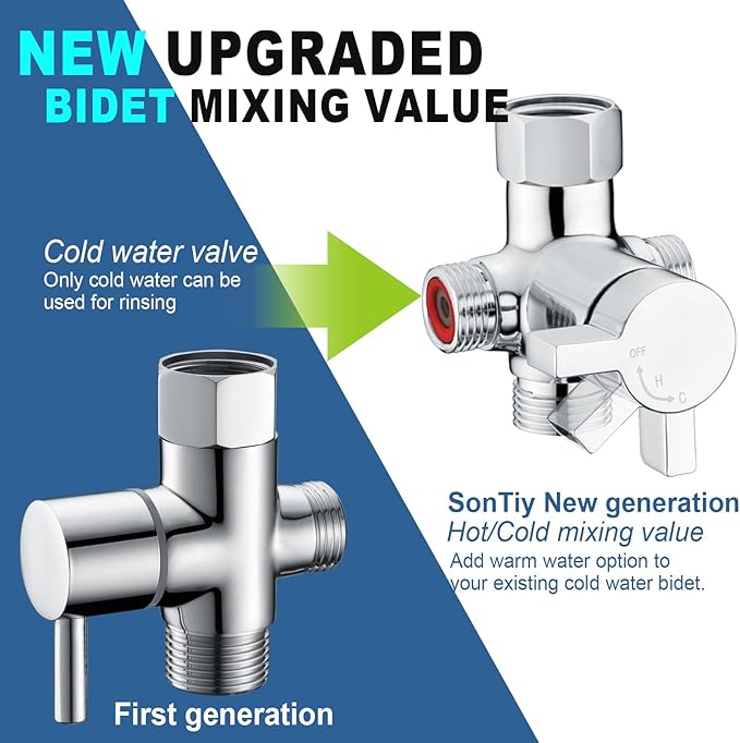 SonTiy Hot and Cold Bidet Mixing Valve Kit, Upgrade Brass 4 Way Warm Bidet T-adapter valve for Handheld Toilet Sprayer Seat Bidet Attachment with Two Tee Connector and 79inch Shower Hose