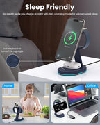 3 in 1 Wireless Charger Charging Station for iPhone,Qi2 Certified 15W Magnetic Charging Stand for Mag-Safe with 30W USB C Adapter&Friendly Night Light for iPhone 16/15/14/13/12,Apple Watch,AirPods