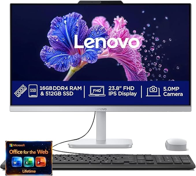 Lenovo 24" FHD All-in-One Desktop Computer - 16GB RAM - 1TB SSD - Intel 13th 8 Cores i3 CPU (Beat 11th i5) - Keyboard and Mouse - Windows 11 - Lifetime Office 365 for The Web