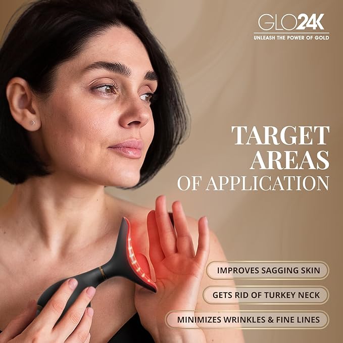 GLO24K Red Light Face & Neck Beauty Device – 3-in-1 Facial Massager Tool with LED & Vibration for Skin Revitalization and Neck Firming