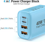 TT&C USB C Block 40W, 4 Ports Wall Plug Fast Charging Block, PD+QC Multiport Power Adapter USB C Charger Type C for iPhone 17, 17 Air, 17 Pro, 17 Pro Max, 16,15,14,13,12, Galaxy Phones (Blue 1Pack)