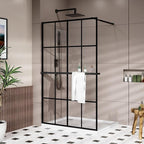 Goodyo 46" x 72" Shower Glass Door Tempered Glass Shower Screen with Towel Rack Tool Bar for Walk in Bathroom, 16-Grid Modern Desigh, Matte Black Finish