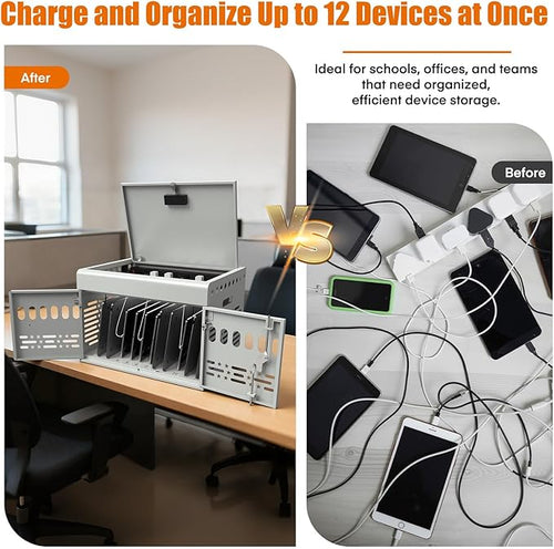 12-Device Charging Cabinet -Lockable Charging Station for iPad, Chromebook,Laptop&Tablet- American Style Charging Cabinet with Cord Management Ideal for Classrooms & Offices (Grayish White)