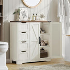 Vabches Farmhouse Bathroom Cabinet, Freestanding Storage Cabinet with 4 Drawers and 2 Doors, Rustic Storage Organizer with Adjustable Shelf for Bathroom, Living Room, Entryway, White