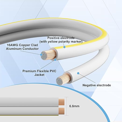 Mygatti 16AWG Speaker Wire 200 FT, 16/2 Gauge Audio Speaker Wire, for Car Speakers Stereo, Home Theater, Automotive Wire, White Jacket with Yellow Polarity Marker, CCA, 2 Conductors Electrical Wire