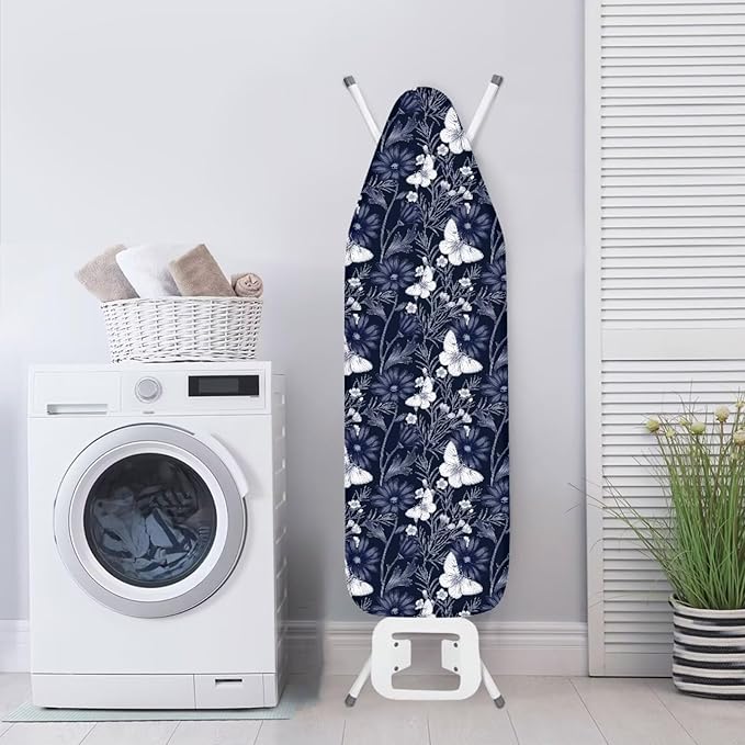 ZCFYGDX Ironing Board Covers Butterfly Blue Flower Print Lightweight & Breathable Anti-Slip & Wear-Resistant (15 x 48 in) Hook & Loop Elastic Edge Easy to Install, Scorch Resistant Decor Size-L