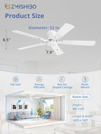 ZMISHIBO 52 Inch Ceiling Fan No Light, Flush Mount Low Profile, Modern White Ceiling Fan Without Light, Remote Control & Quiet DC Motor, for Indoor&Outdoor, Bedroom, Living Room