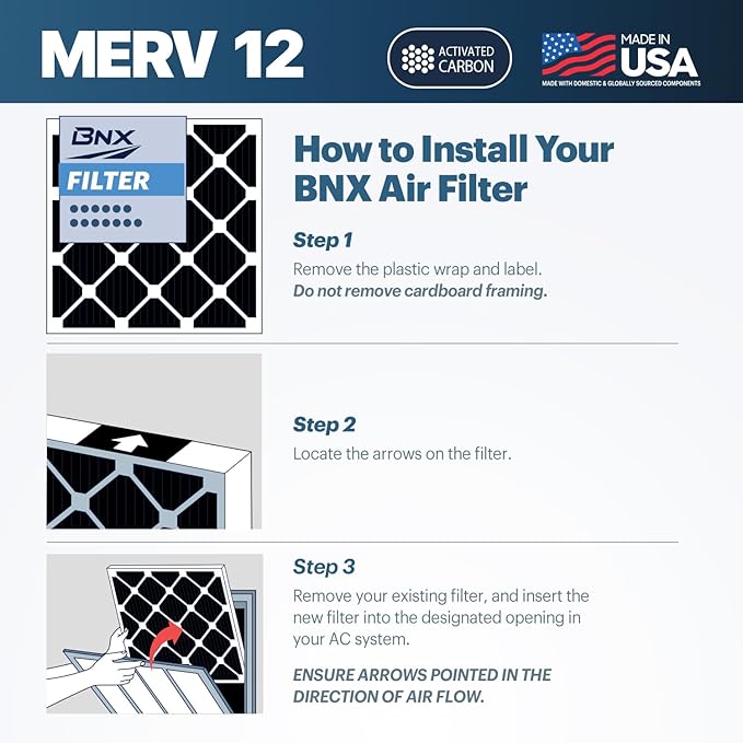 BNX TruFilter 14x30x1 MERV 12 Odor Defense (4-Pack) AC Furnace Air Filter with Activated Carbon - MADE IN USA - Pleated Air Conditioner HVAC AC Furnace Filters - Removes Odor, Mold, Bacteria, Smoke