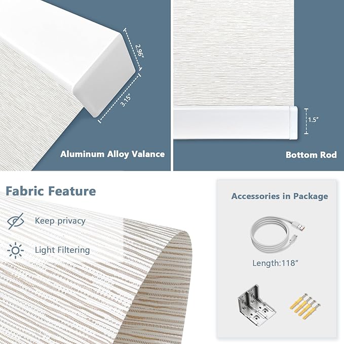 COOLWINDS Motorized Blinds with Remote Cordless Automatic Motorized Shades Custom Blinds for Windows Smart Curtains Compatible with Alexa Google Home(Light Filtering Jacquard Beige,W66 x H72in)