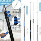 20 Ft+ Reach 2 In 1 Window Squeegee Duster with 5-to-12 Foot Extension Pole, Cleaner Tool with 3-Stage Telescoping Pole, Cleaning Kit with Rotatable Head - Chenille Cloth + Microfibre Cloths Head
