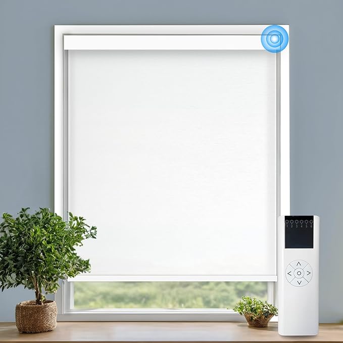 COOLWINDS Motorized Blinds with Remote Cordless Automatic Motorized Shades Custom Blinds for Windows Smart Curtains Compatible with Alexa Google Home(Light Filtering Jacquard White,W51 x H72in)